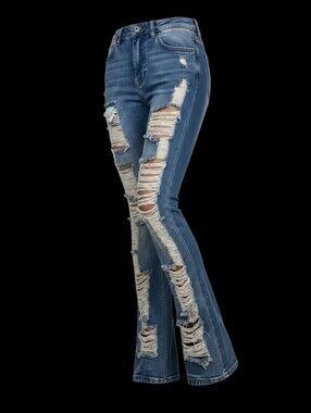 Distressed Frayed Flare Jeans ▪︎ Denim Blue ▪︎ Sz 12/XL